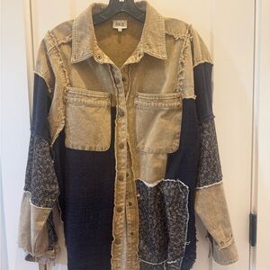 BKE Women's Distressed Patchwork Jean Jacket - Tan and Black